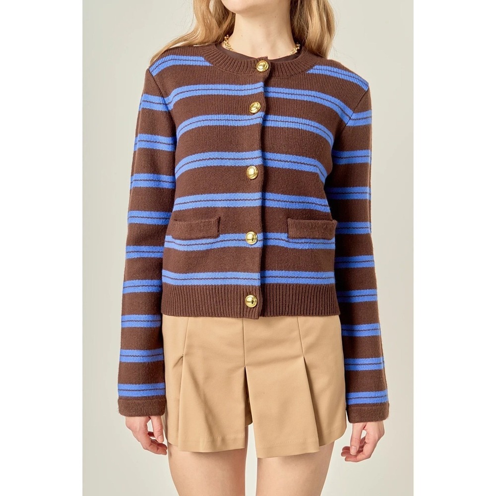 English Factory Cardigan Striped Gold Button Brown Blue Preppy French Girl M